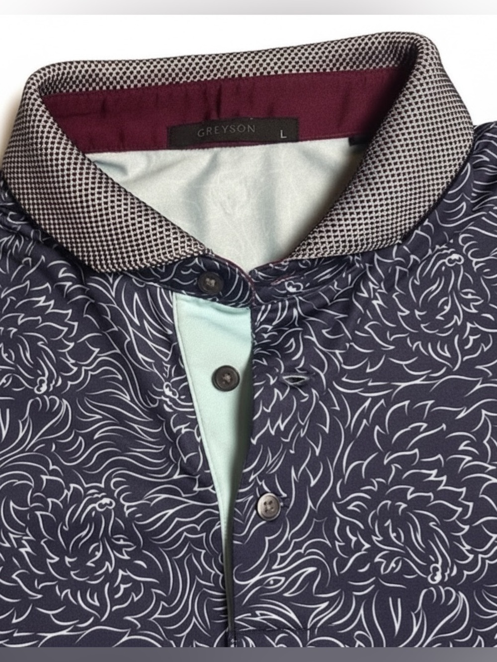 Greyson Den Of Thieves Technical Breathable Polo Abstract Wolf Blue Golf Shirt L